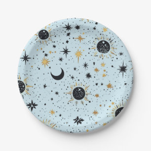 Black, Gold and Blue Celestial Sun Moon Stars Paper Plate