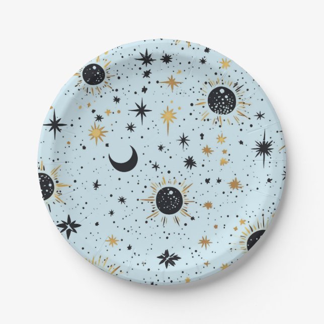Black, Gold and Blue Celestial Sun Moon Stars Paper Plate (Front)