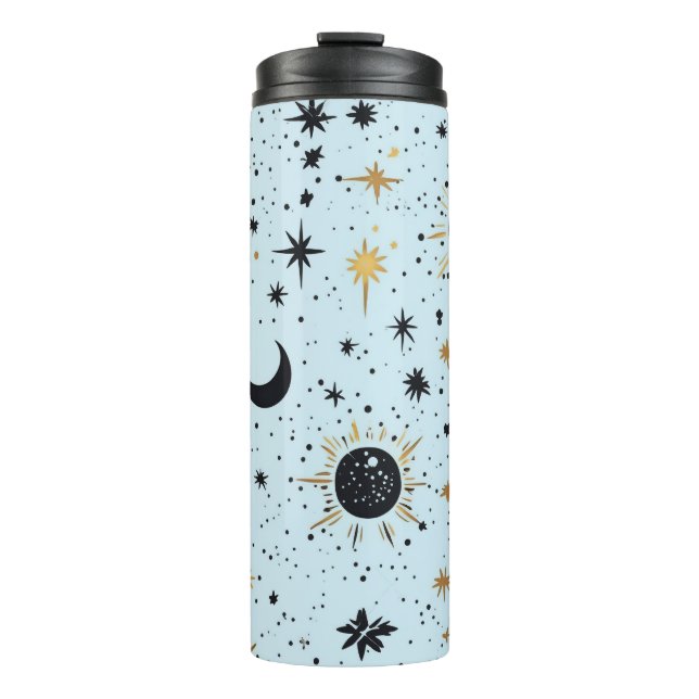Black, Gold and Blue Celestial Sun Moon Stars Thermal Tumbler (Front)