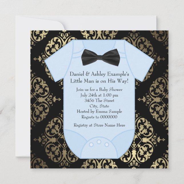 Black Gold and Blue Damask Baby Boy Shower Invitation (Front)