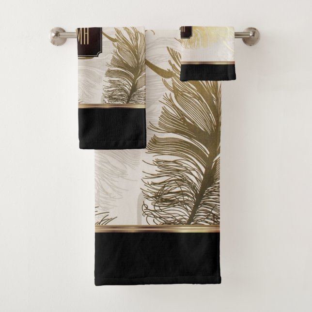 Black, Gold and Brown Feather Pattern - Monogram Bath Towel Set (Insitu)