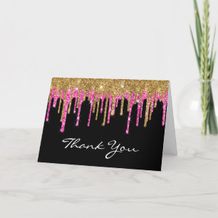 Black Gold and Deep Pink Glitter Drip Quinceañera Thank You Card