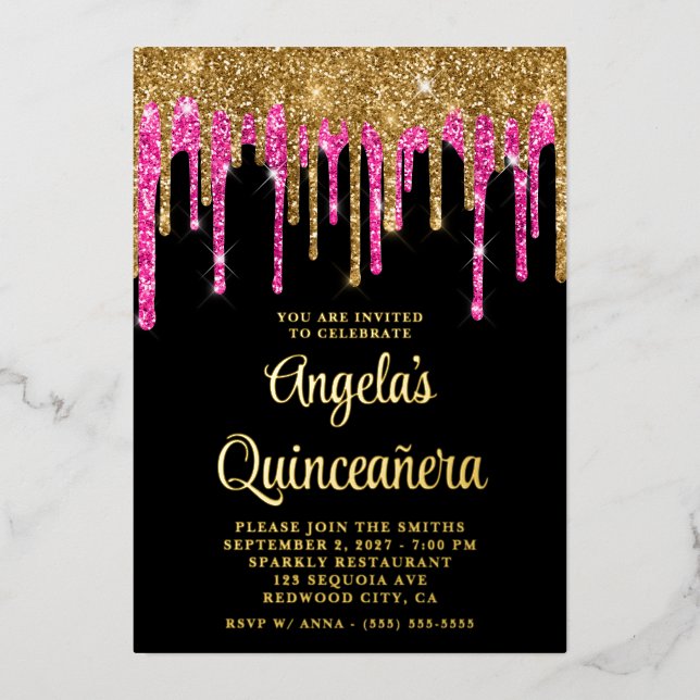 Black Gold and Deep Pink Glitter Drips Quinceañera (Front)
