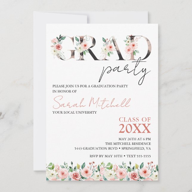 Black, Gold and Floral Graduation Party Invitation (Front)