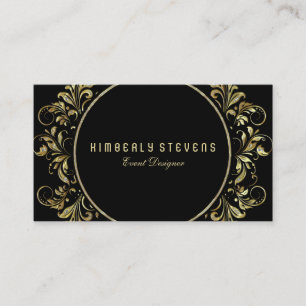 Black, Gold And Glitter Floral Circle Frame Business Card