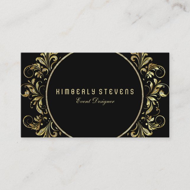Black, Gold And Glitter Floral Circle Frame Business Card (Front)