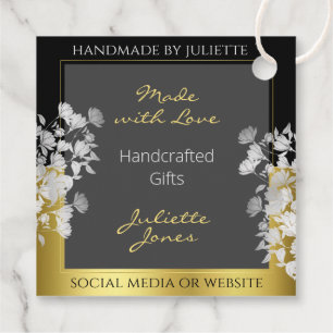 Black Gold and Grey Floral Design & Silver Flowers Favour Tags