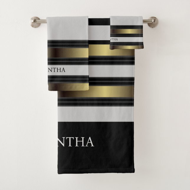 Black Gold And Grey Geometric Stripes Name Bath Towel Set (Insitu)