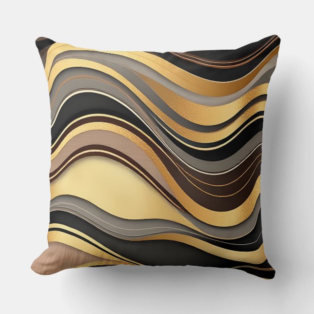 Black, Gold, and Grey Waves Pattern  Cushion (Front)
