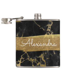Black, Gold and Marble with Gold Foil and Glitter Hip Flask