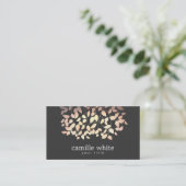 Black & Gold and Pink Foil Look Whimsical Leaves Business Card (Standing Front)