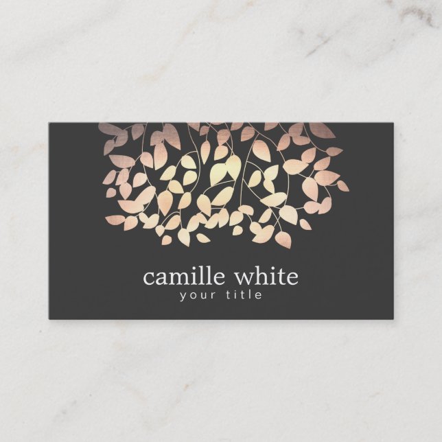 Black & Gold and Pink Foil Look Whimsical Leaves Business Card (Front)