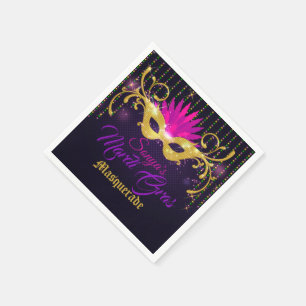 Black Gold and Pink Mardi Gras Mask with Beads Napkin