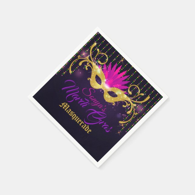 Black|Gold and Pink Mardi Gras Mask with Beads Napkin (Corner)
