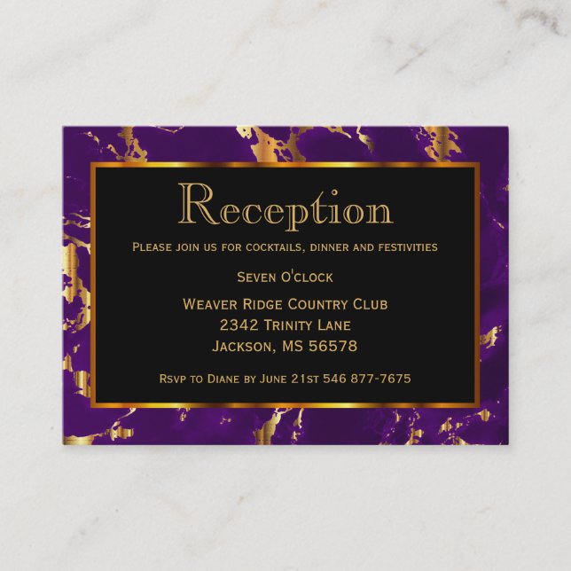 Black, Gold and Purple Marble - Reception Enclosure Card (Front)