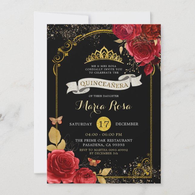 Black Gold And Red Roses Royal Crown Quinceañera Invitation (Front)