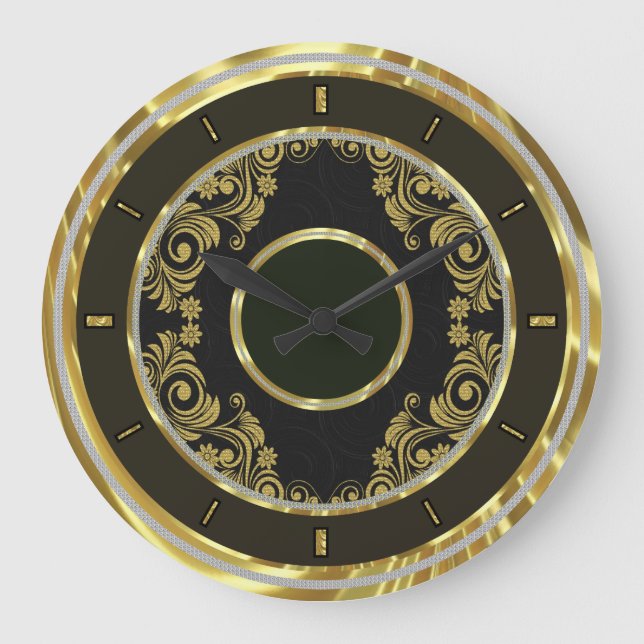 Black Gold  And Swirls-Elegant Wall Clock (Front)