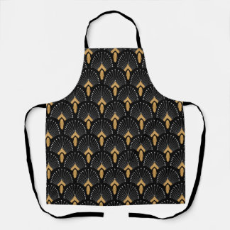 Black, Gold and White Art Deco Fan Flowers Motif Apron