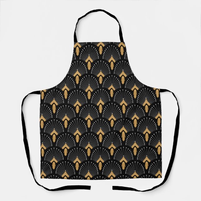 Black, Gold and White Art Deco Fan Flowers Motif Apron (Front)