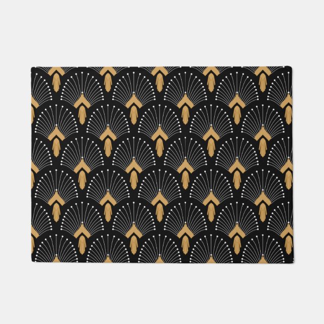 Black, Gold and White Art Deco Fan Flowers Motif Doormat (Front)