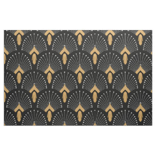 Black, Gold and White Art Deco Fan Flowers Motif Fabric