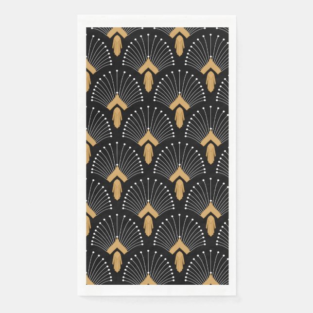 Black, Gold and White Art Deco Fan Flowers Motif Napkin (Front)