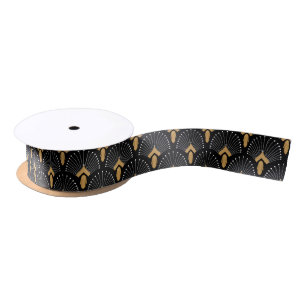 Black, Gold and White Art Deco Fan Flowers Motif Satin Ribbon