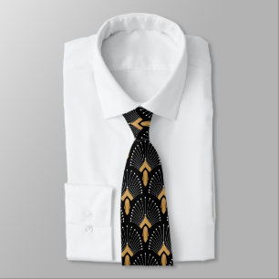 Black, Gold and White Art Deco Fan Flowers Motif Tie