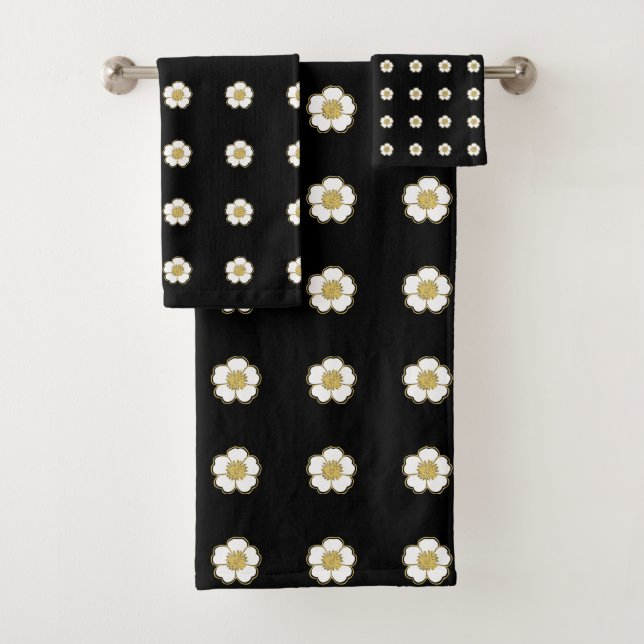 black Gold and White Buttercup Flowers Bath Towel Set (Insitu)
