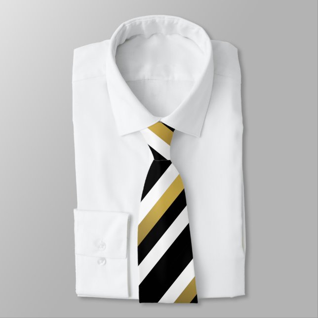 Black gold and white diagonal stripes pattern tie (Tied)