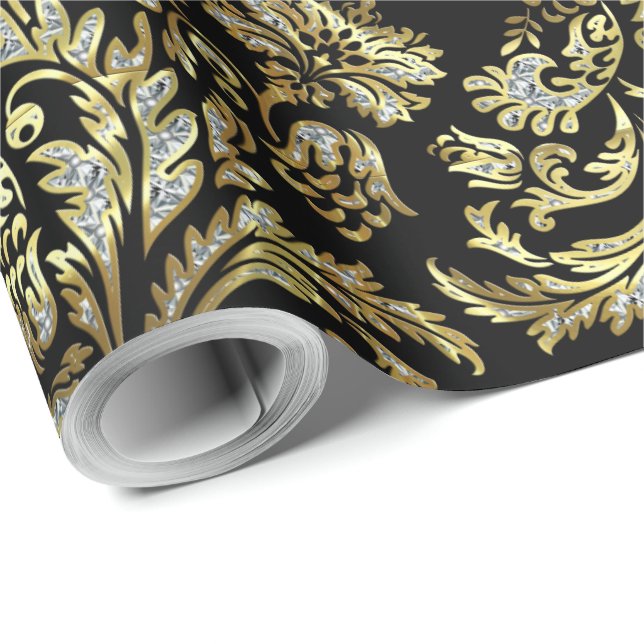 Black Gold And White Glitter Floral Damasks Wrapping Paper (Roll Corner)