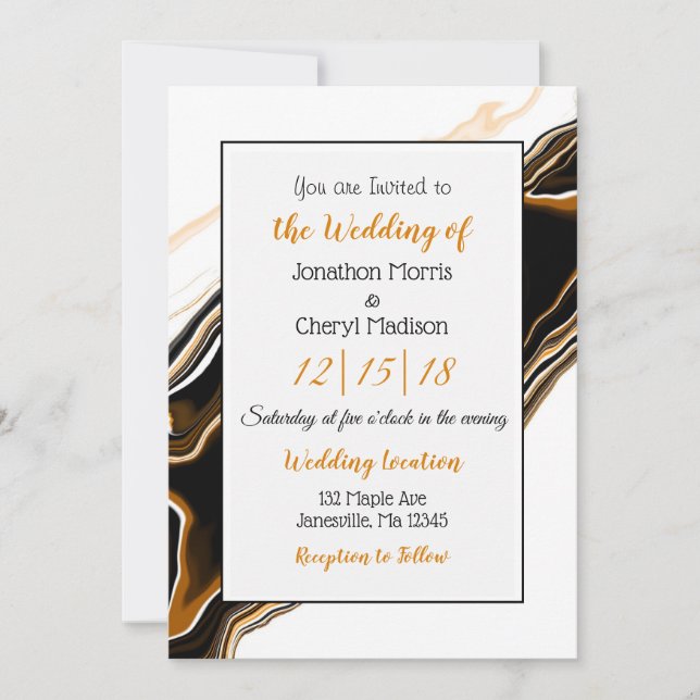 Black, Gold and White Marble Fluid Art Wedding  Invitation (Front)