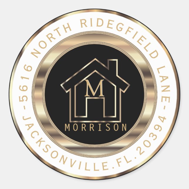 Black, Gold and White Monogram Address Label (Front)