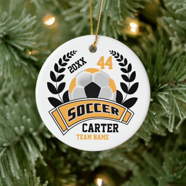 Black, Gold and White Personalise Soccer  ⚽ Ceramic Tree Decoration (Tree)
