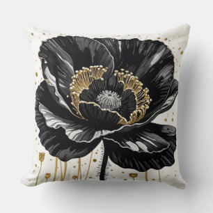 Black Gold and White Poppy Cushion