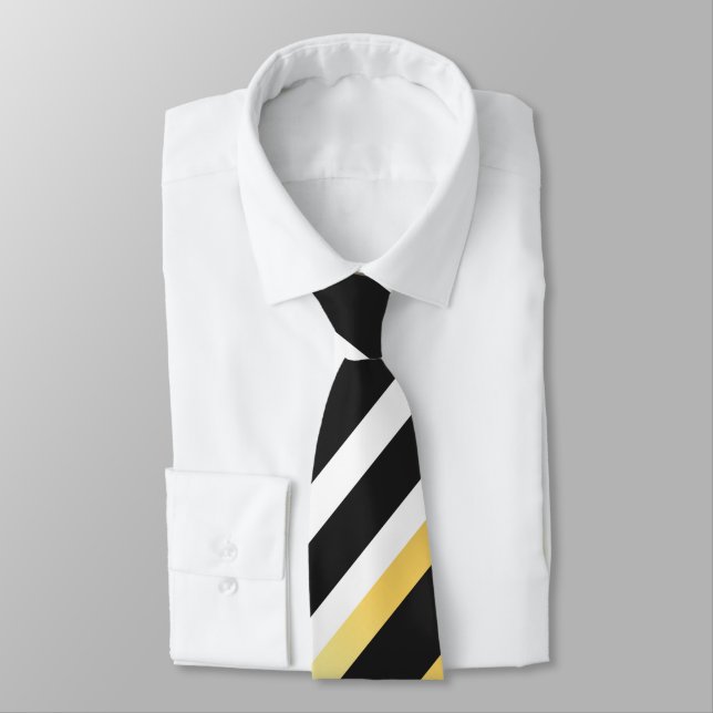 Black, Gold and White Vintage Diagonal Stripes Tie (Tied)