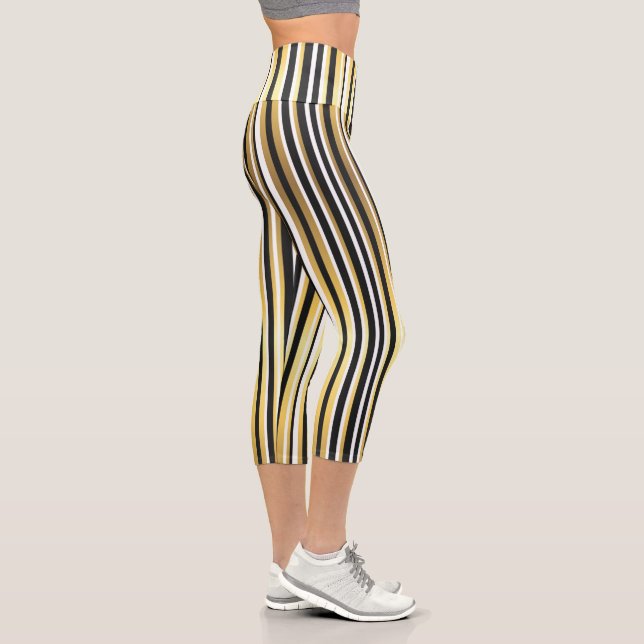 Black, Gold and White Vintage Stripes Capri Leggings (Right)