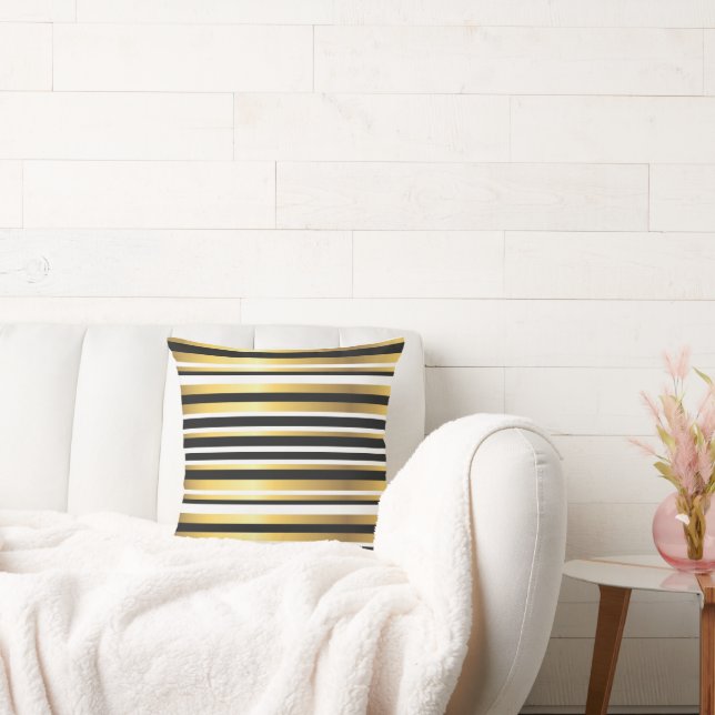 Black, Gold and White Vintage Stripes Cushion (Couch)