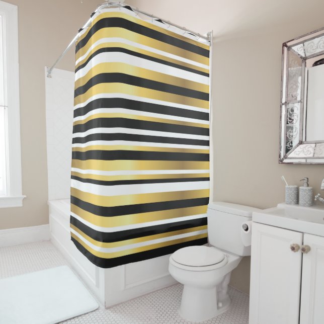 Black, Gold and White Vintage Stripes Shower Curtain (In Situ)