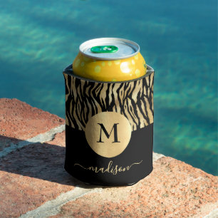 Black Gold Animal Print Monogram Name Glam Chic Can Cooler