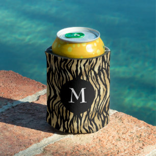 Black Gold Animal Print Pattern Monogram Cool Glam Can Cooler