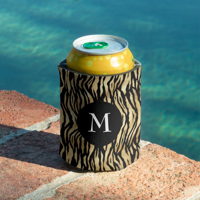 Black Gold Animal Print Pattern Monogram Cool Glam Can Cooler (In Situ Pool)
