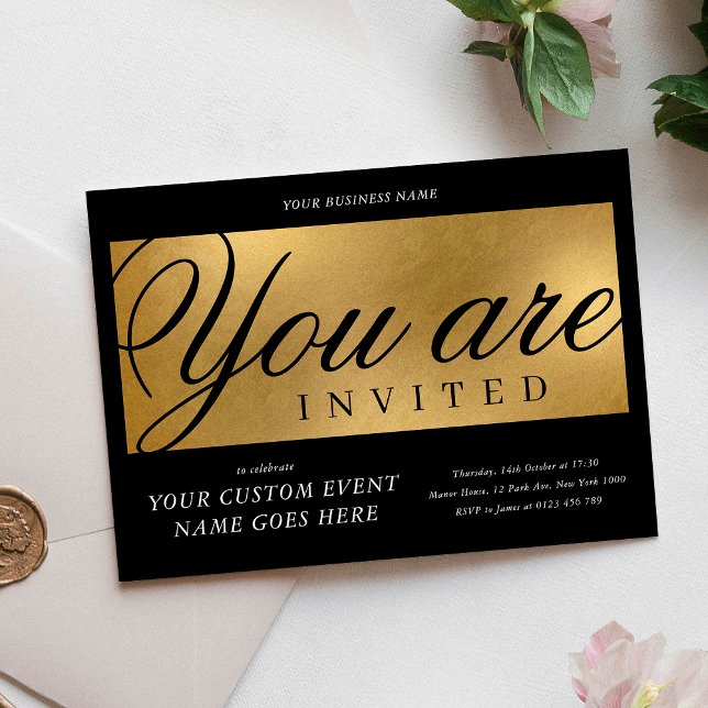 Black & Gold Annual Charity Gala Dinner Business Invitation (Elegant black and gold foil effect Corporate Event Business Invitation)