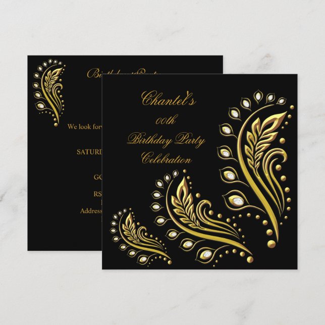 Black Gold Any Age Elegant Birthday Party Floral Invitation (Front/Back)