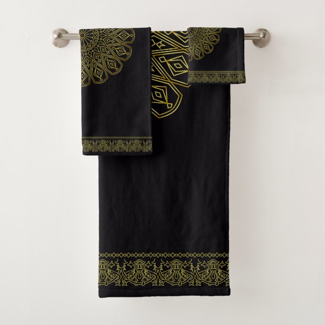 Black & Gold Arabesque Pattern Towel Set (Insitu)
