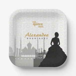 Black & Gold Arabian Quinceañera Paper Plates