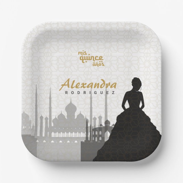 Black & Gold Arabian Quinceañera Paper Plates (Front)