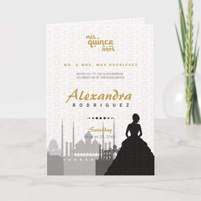 Black & Gold Arabian Quinceañera Photo Invitation (Front)