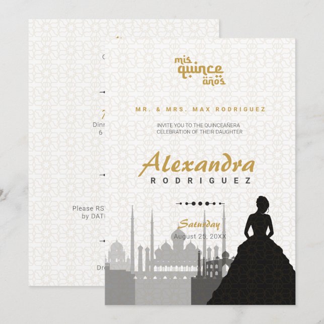 Black & Gold Arabian Quinceañera Photo Invitation (Front/Back)