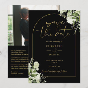 Black Gold Arch Floral Photo QR Code Wedding Save The Date